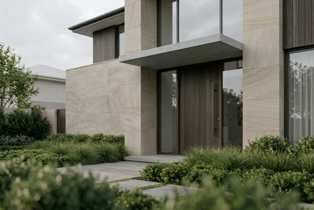 Sandstone House, Toorak — bespoke residence using natural stone and refined architectural detailing throughout.